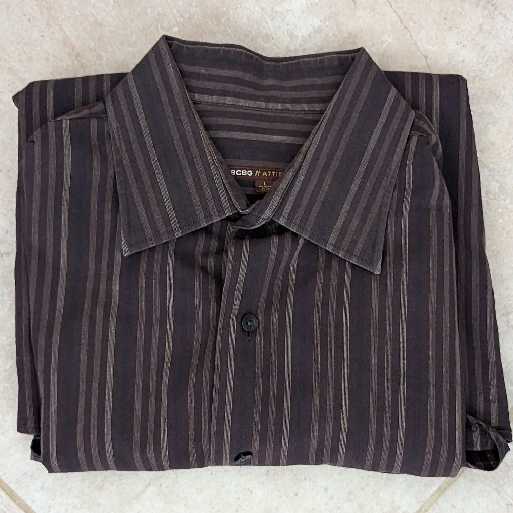 BCBG Attitude Dark Brown Stripped Men's Long Sleeve Collared Shirt